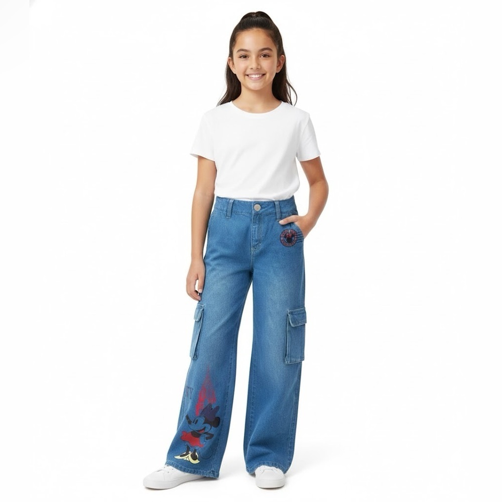 Blue Wide-Leg Jeans with Cartoon Print